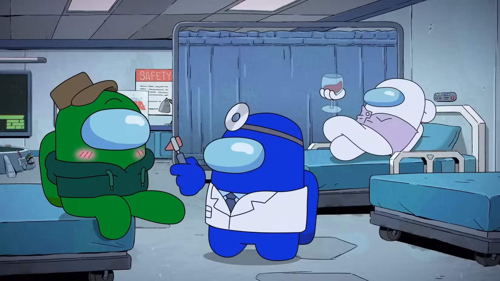 Blue, o médico do programa Among Us, faz um exame de saúde em Green enquanto White fica sentado ao fundo bebendo vinho.