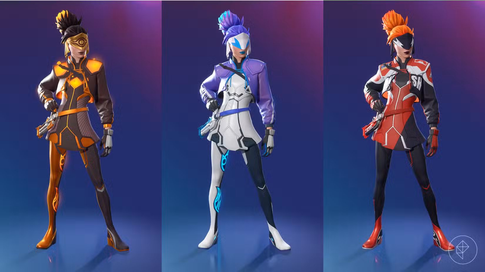 A skin Voidblade, uma senhora com roupas tecnológicas e uma máscara cobrindo os olhos, em uma variedade de estilos.