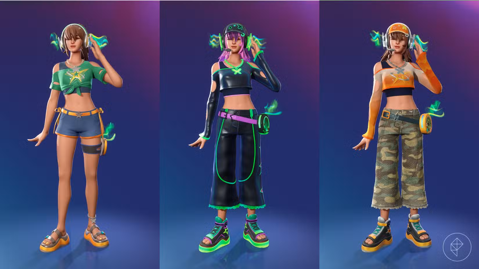 Heatwave PJ, uma skin Fortnite de uma DJ feminina em três estilos alternativos.