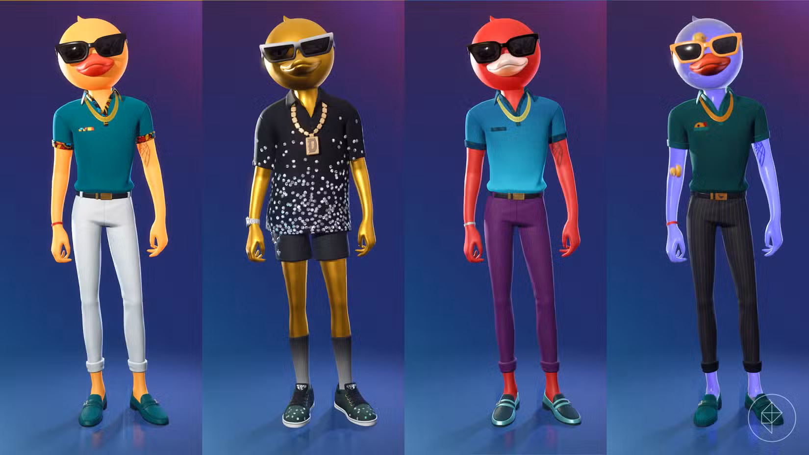 Cluster_FNCluster, uma skin do Fortnite que lembra um pato, em quatro estilos diferentes.