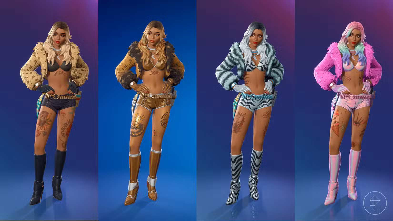 Dylan, uma skin de Fortnite de uma mulher vestindo uma jaqueta de pele e salto alto.