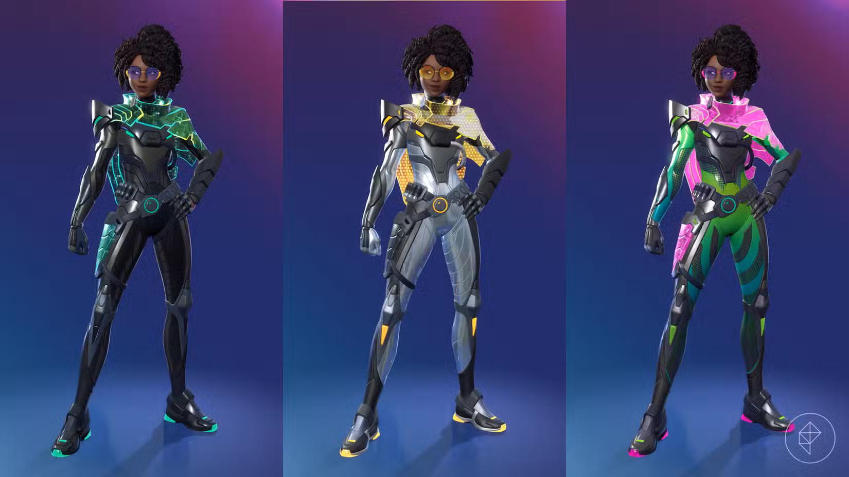 Vanguard Sloane, uma skin Fortnite de uma mulher afro-americana vestindo um macacão elegante e uma capa holográfica.