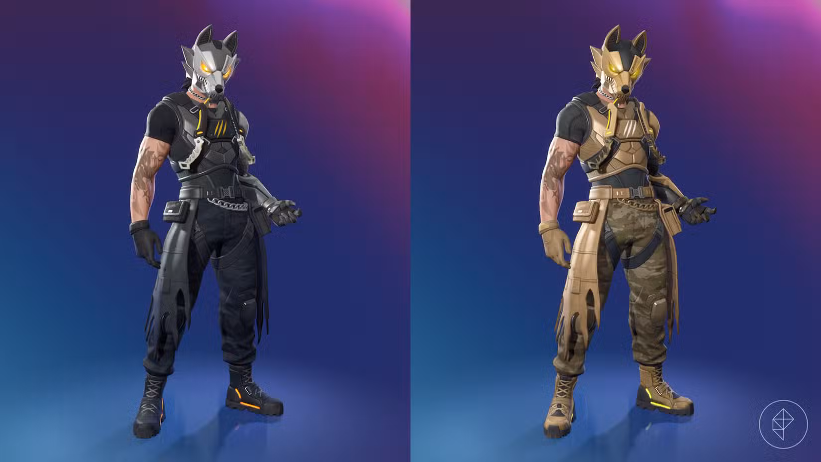 Wolfe, uma skin Fortnite de um homem usando um capacete de lobo de metal.