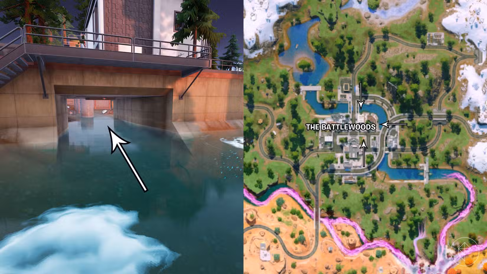 A entrada para o esgoto de Battlewoods junto com setas apontando para as entradas no mapa.