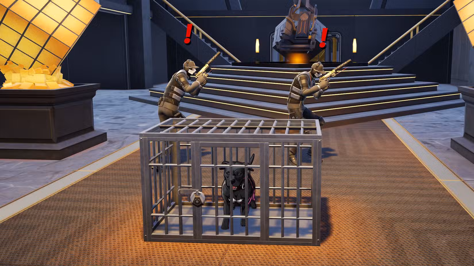 Guardas de segurança com pistolas com silenciador e pontos de exclamação vermelhos na cabeça, atrás de um cachorro trancado em uma gaiola em Fortnite.