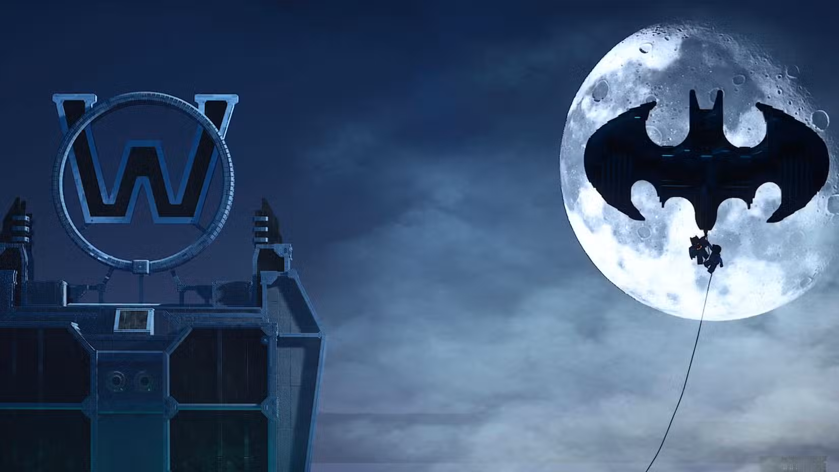 Lego Batman Legado do Cavaleiro das Trevas Batman e Mulher-Gato segurando um balão em forma de morcego em frente à lua