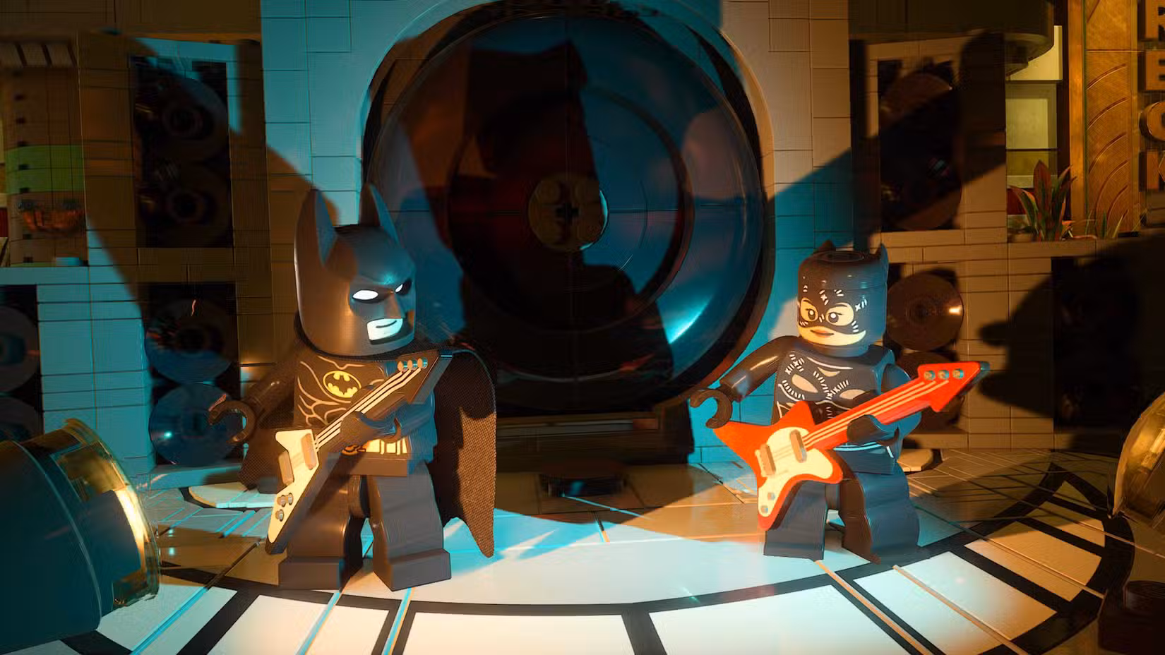 Lego Batman Legado do Cavaleiro das Trevas Batman e Mulher-Gato tocando guitarra