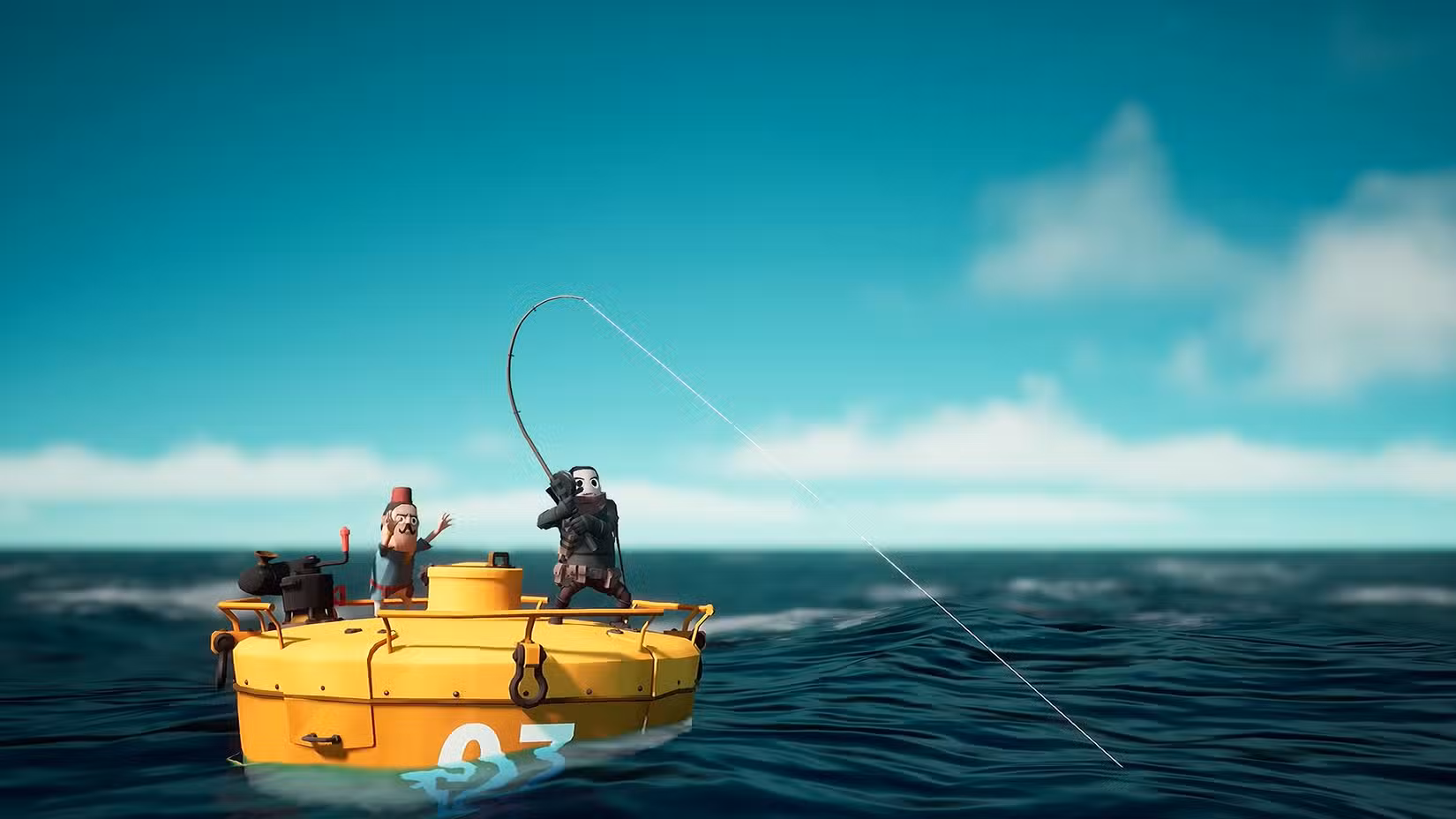Captura de tela do trailer de Little Devil Inside mostrando um personagem pescando em um mar azul brilhante