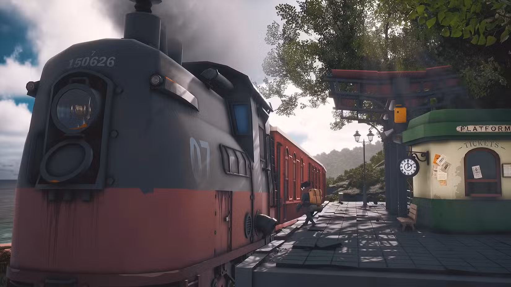 Captura de tela do trailer de Little Devil Inside mostrando o personagem principal embarcando em um trem