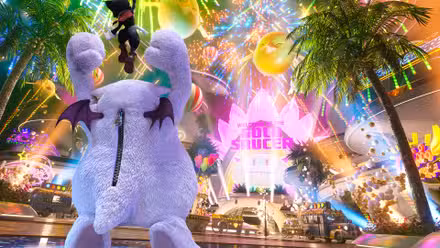 Cait Sith comemora em frente a uma enorme queima de fogos de artifício no Gold Saucer em Final Fantasy 7 Rebirth