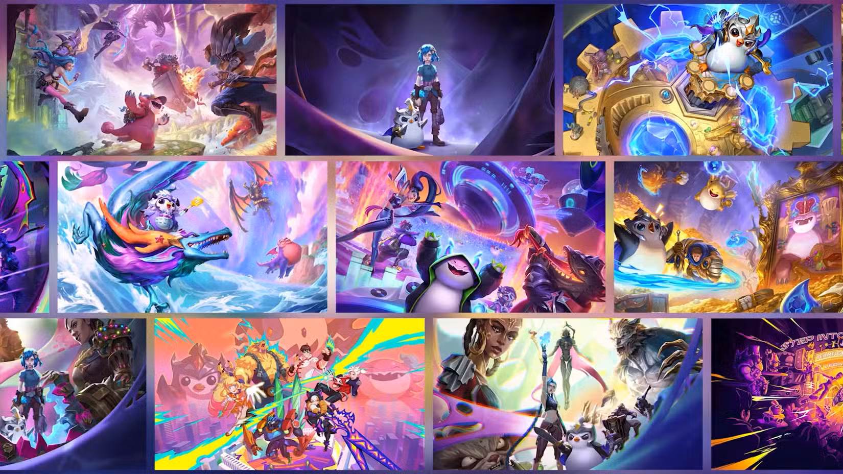 Uma colagem de Teamfight Tactics apresentava arte incluindo pequenas lendas como Pengu e Choncc e campeões icônicos de TFT e League of Legends.