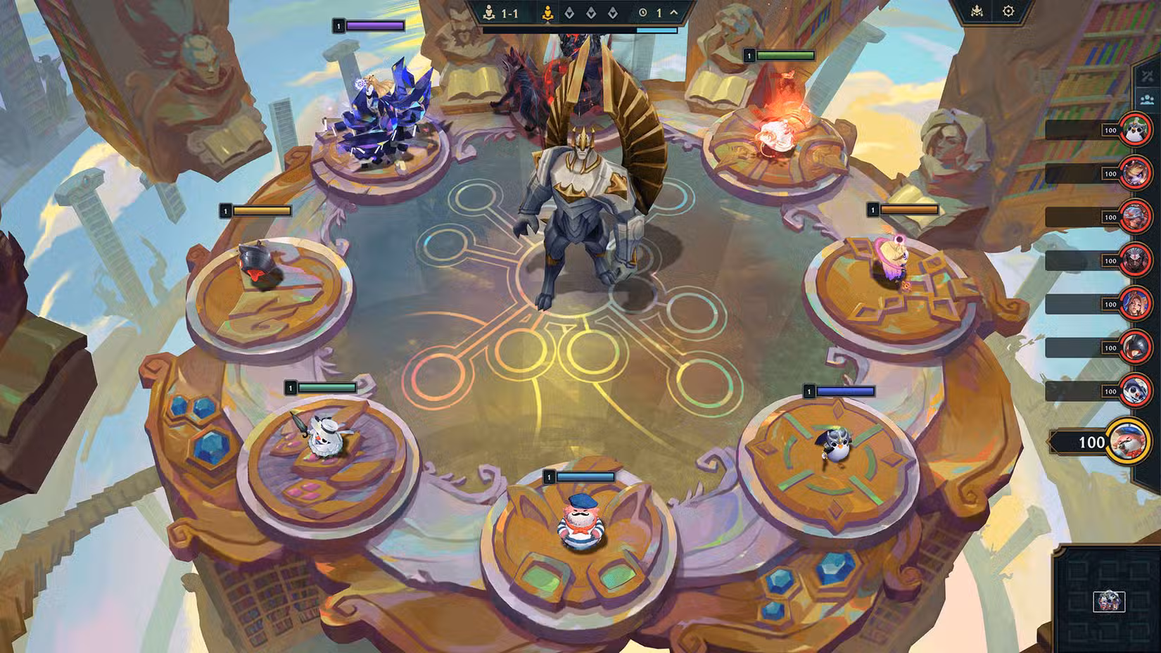 O encontro de abertura em Teamfight Tactics, que mostra oito pequenas lendas formando um círculo ao redor de Galio, que é uma grande figura semelhante a uma gárgula/estátua.