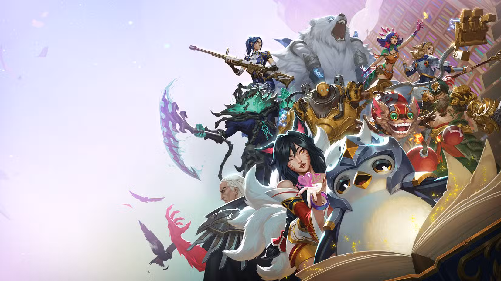 Pengu, um pinguim de capacete, olhando um livro com um grupo de campeões de League of Legends atrás deles.