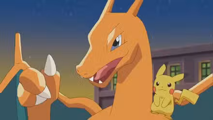 Charizard fazendo sinal de positivo com um pikachu no ombro