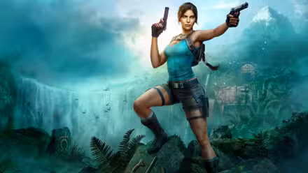 Lara Croft posando com pistolas duplas