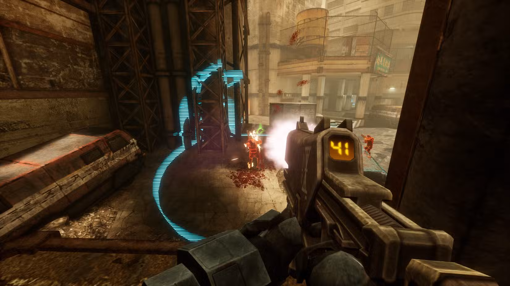 Um jogador dispara uma arma em Sprawl Zero.