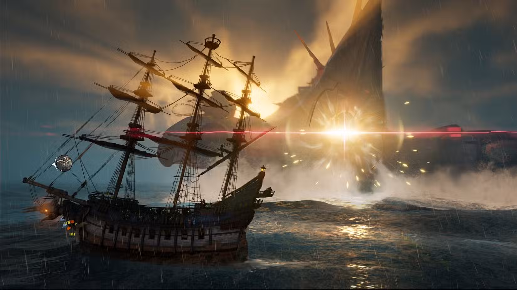 Um navio pirata navega perto de uma lula gigante em Sea of ​​​​Remnants