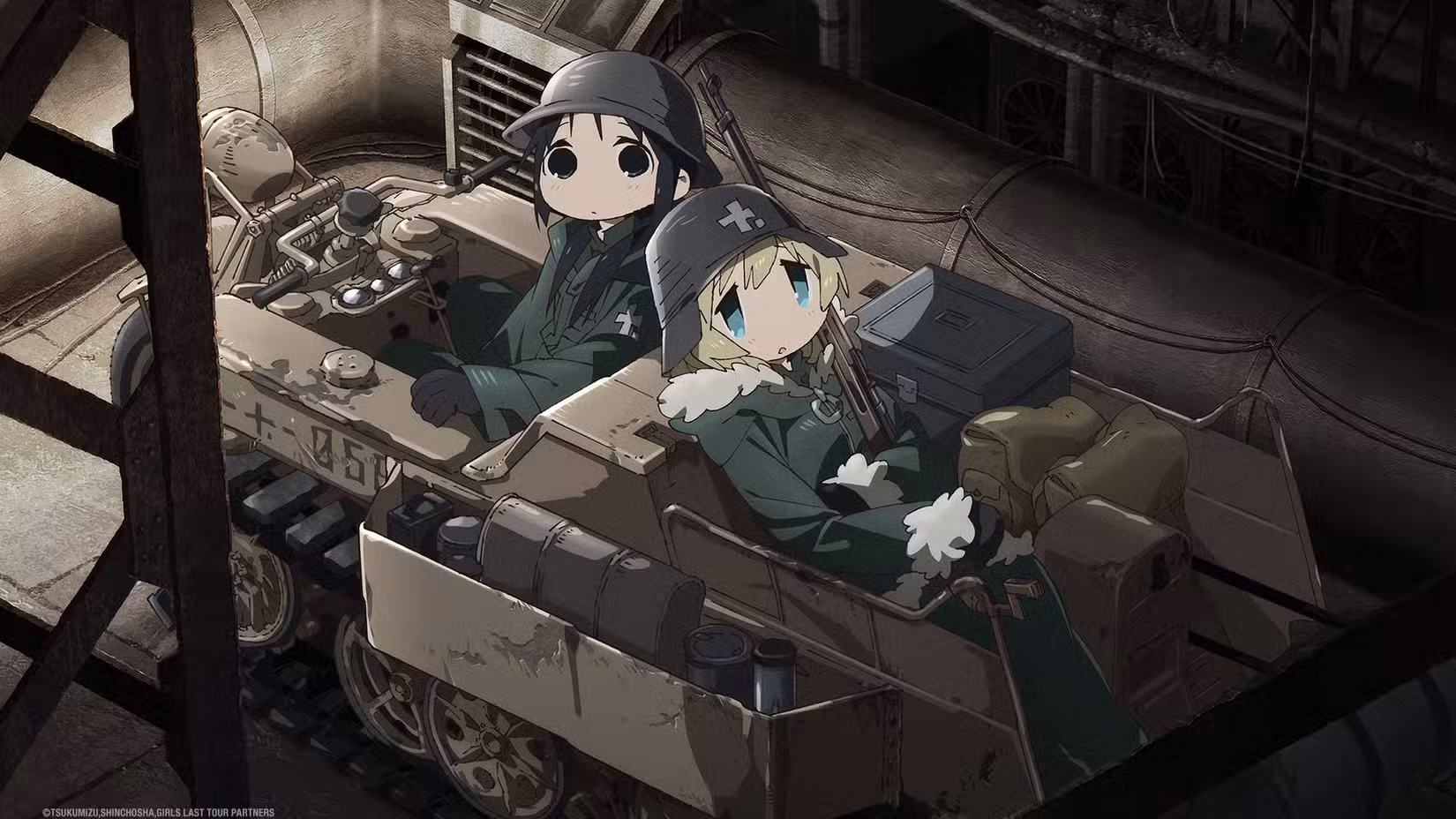 Chito e Yuuri sentam em sua motocicleta meia pista na Girls' Last Tour