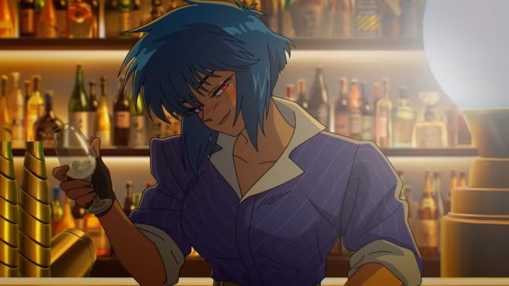 Captura de tela do Ghost in the Shell de Motoko em um bar