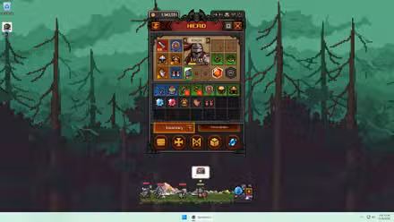 Uma captura de tela do TBH Task Bar Heroes representando uma tela de inventário de itens e as batalhas da barra de tarefas do jogo.