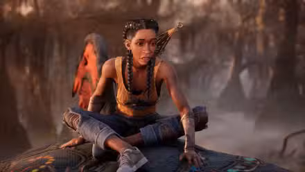 Hazel, a protagonista de South of Midnight, sentada de pernas cruzadas nas costas de um peixe gigante.