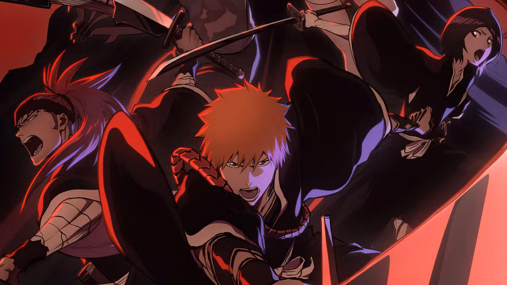 Arte principal recortada do pôster de anúncio de Bleach: Thousand Year Blood War apresentando o protagonista da série Ichigo Kurosaki flanqueado por Rukia Kuchiki (à direita) e Renji Abarai (à esquerda).