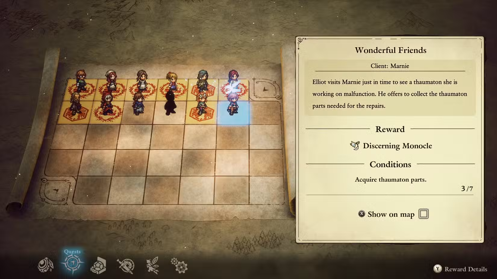 A tela de missões secundárias em As Aventuras de Elliot, mostrando uma mistura de missões secundárias completas e novas.