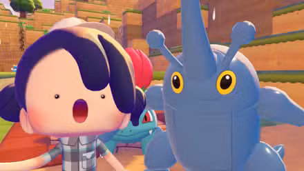 Um Ditto humano posa com um Heracross em Pokémon Pokopia