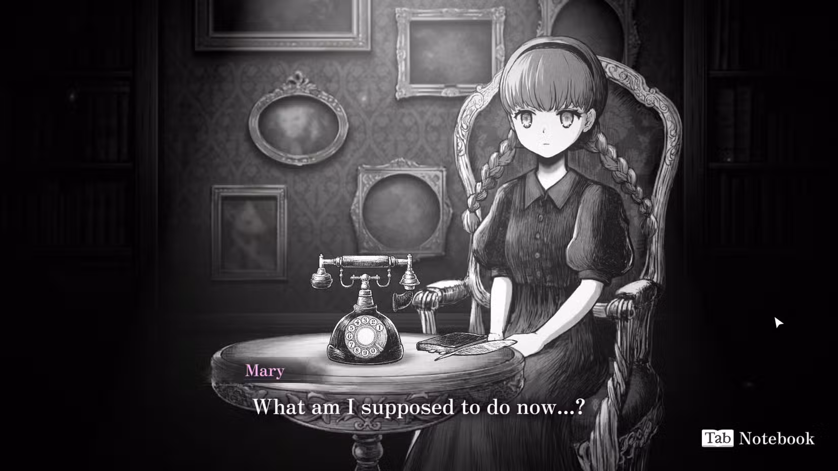 Uma captura de tela do Chamado de Schrödinger mostrando Mary em uma cadeira velha ao lado de um telefone antigo