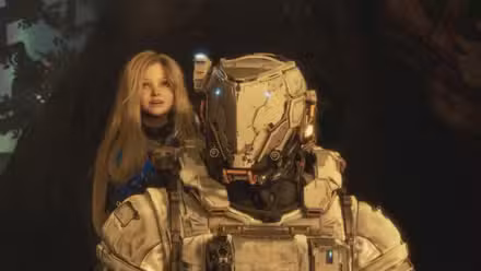 Um andróide infantil e um astronauta em Pragmata