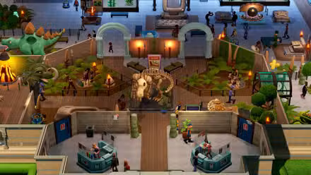 Uma vista isométrica de um museu do Two Point Museum com vários tipos diferentes de exposições, incluindo diversas exposições de dinossauros