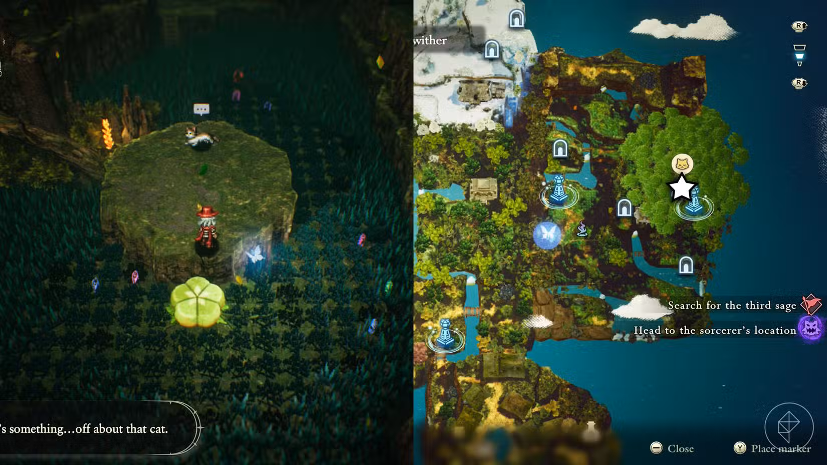 Uma montagem de duas capturas de tela de As Aventuras de Elliot mostrando a localização de um myu sage