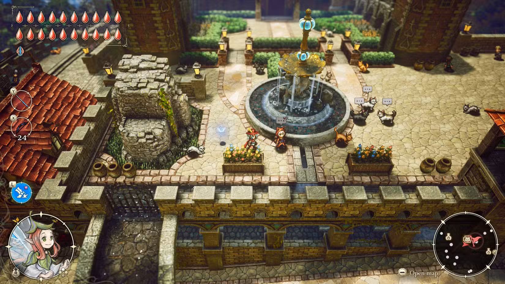 Uma captura de tela de As Aventuras de Elliot mostrando o Reino de Huther e gatos na praça principal