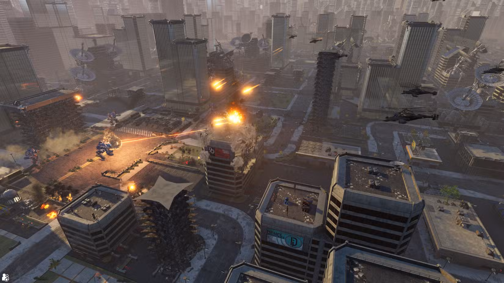 Uma vista aérea de uma batalha campal em uma cidade grande, brilhante e futurista. Os edifícios estendem-se até ao horizonte.