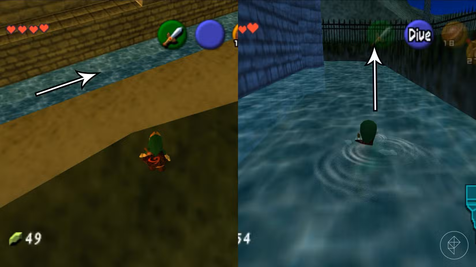 Link parado sobre um fosso nadando nele em Ocarina of Time.