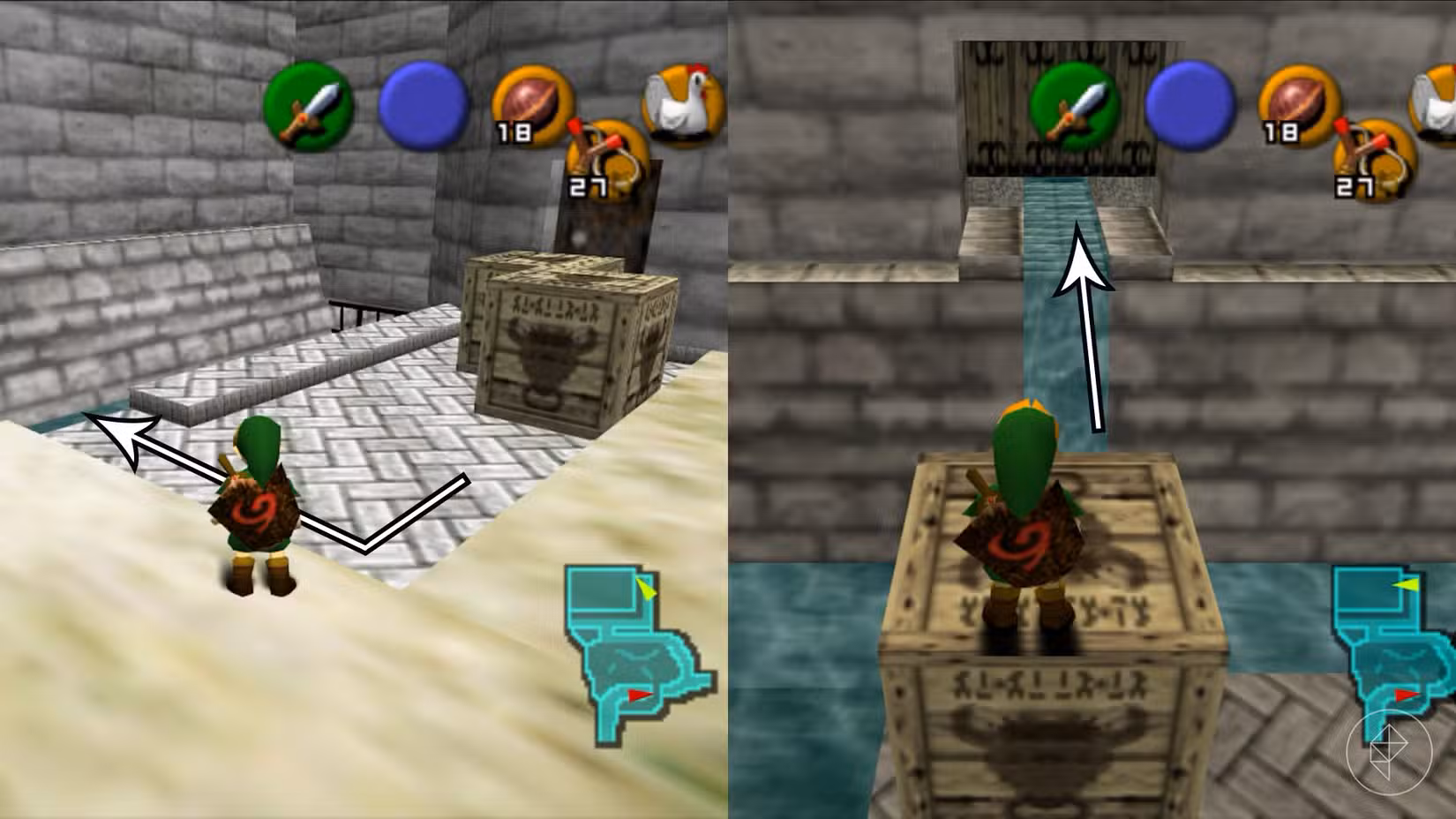 Link parado na frente de caixas de madeira e em cima das caixas em frente a um buraco na lateral de uma parede em Ocarina of Time.