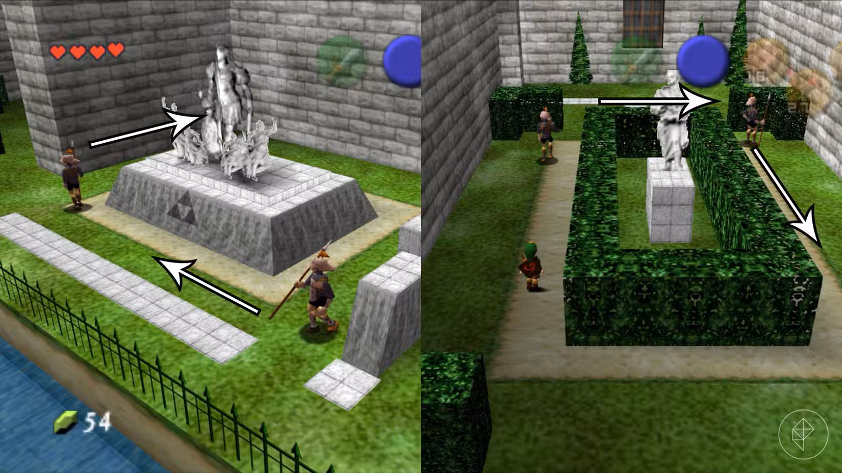 Guardas patrulhando estátuas em um jardim no Castelo de Hyrule em Ocarina of Time.
