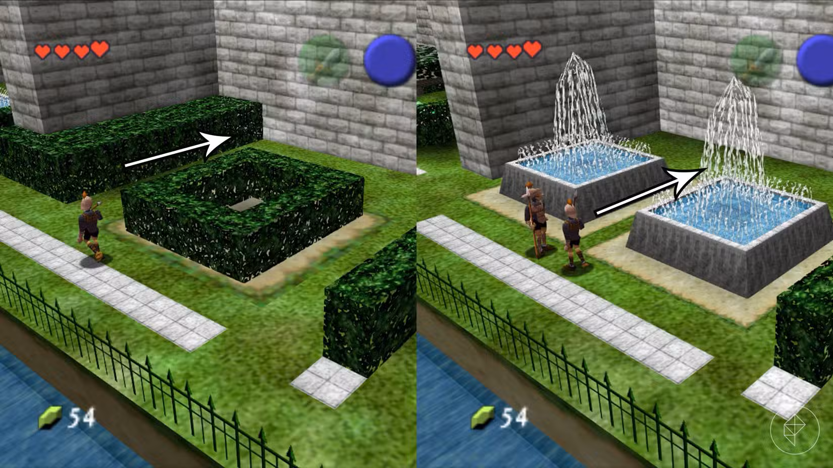 Guardas em um jardim com cercas vivas e uma fonte em Ocarina of Time.