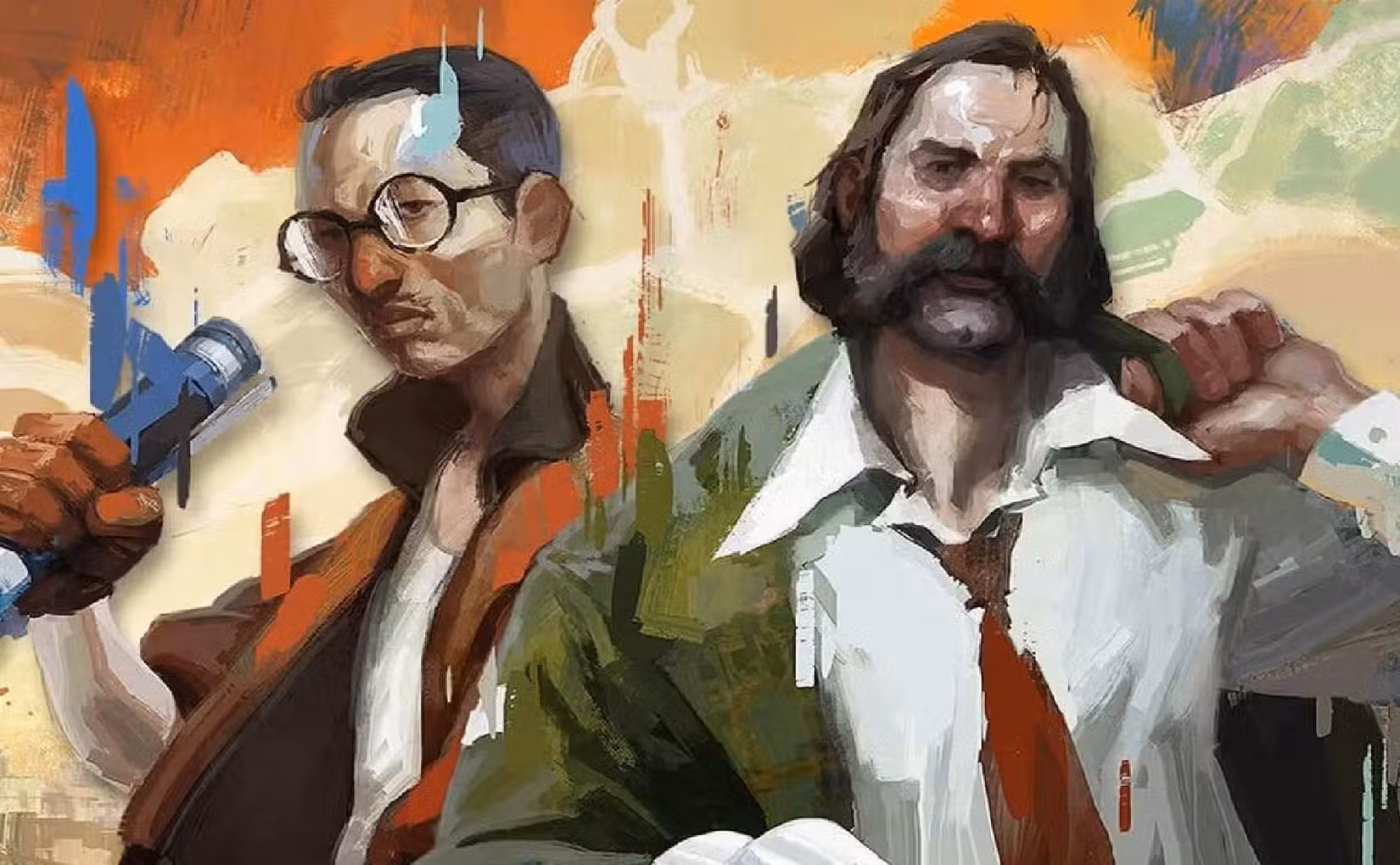 Harrier Du Bois e Kim Kitsuragi estão lado a lado na arte principal do Disco Elysium