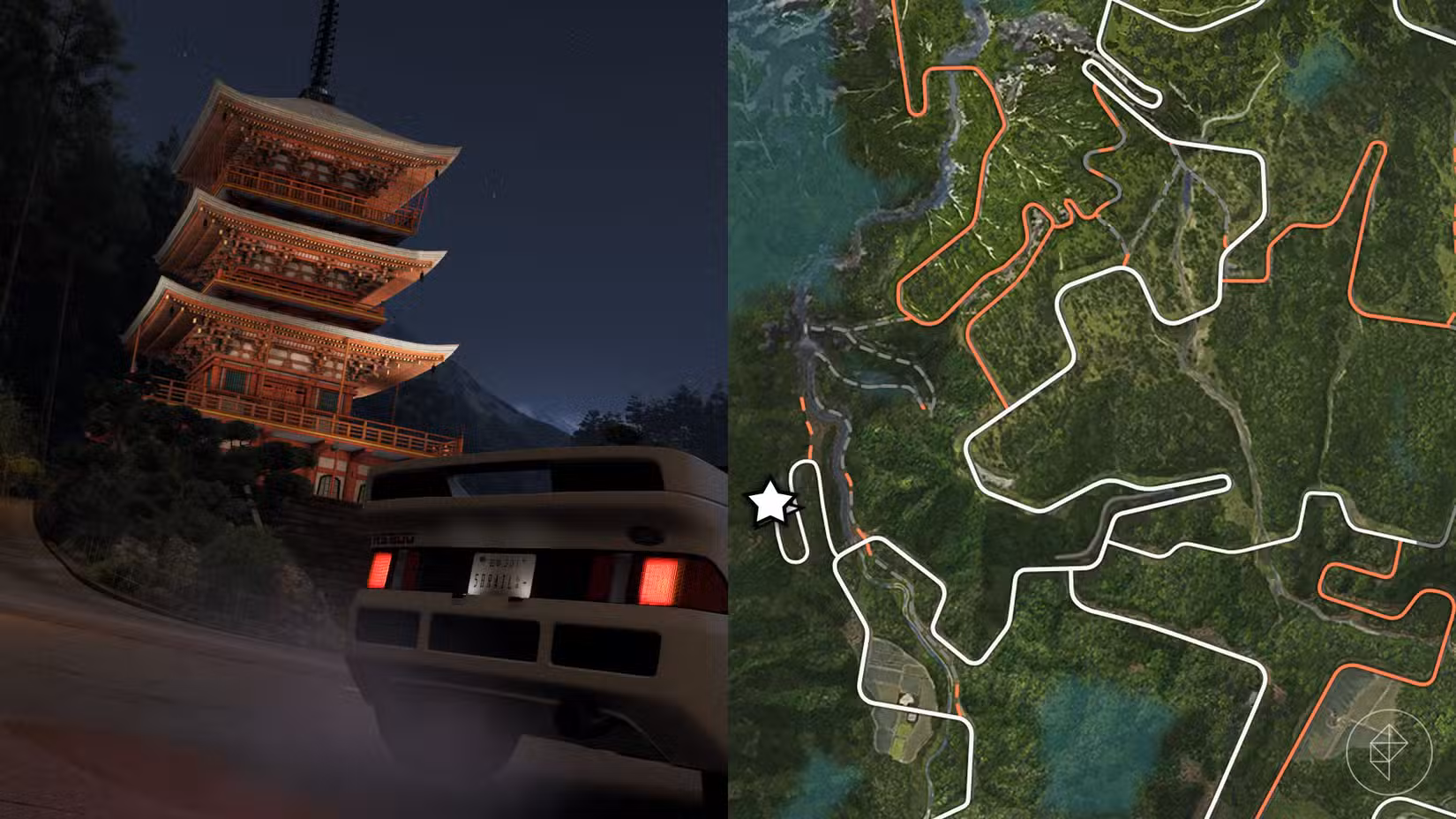 Uma montagem com duas fotos do Forza Horizon 6 mostrando a localização do Templo das Cataratas de Nachi