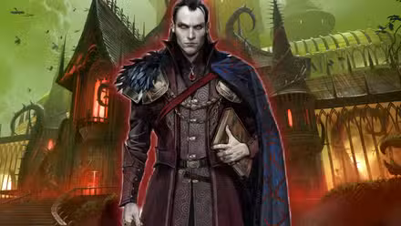 Uma imagem mostrando Strahd von Zarovich em frente à propriedade Borca em Ravenloft