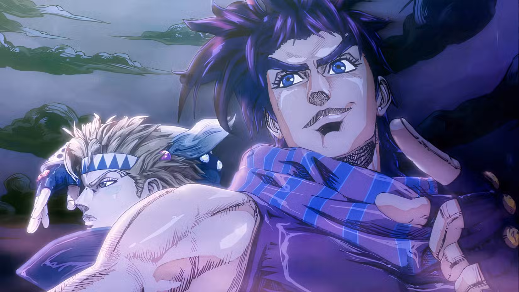 César (à esquerda) e Joseph (à direita) posam juntos na abertura de Battle Tendency