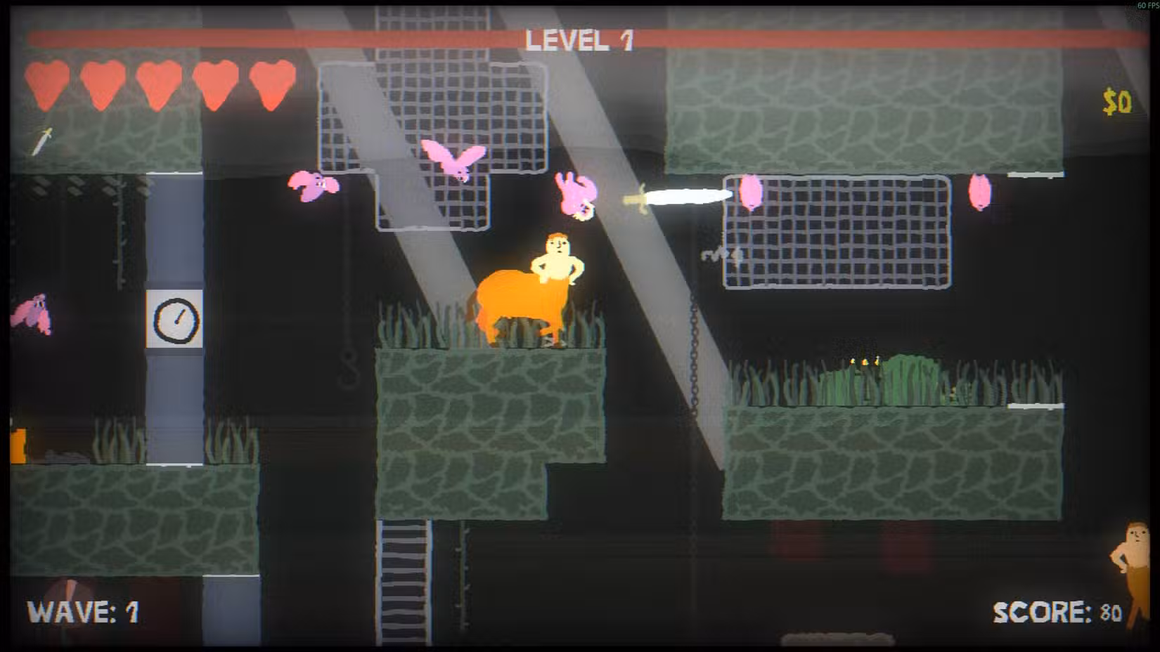 Um minotauro em Blood Dungeon com morcegos rosa ao seu redor.