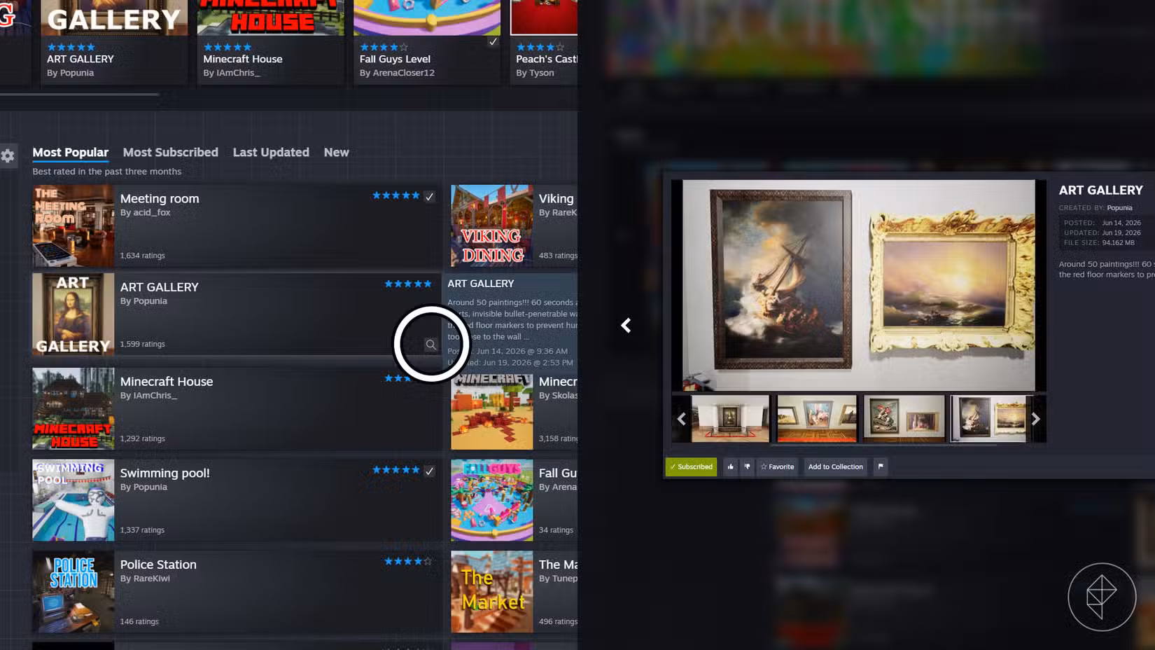 Uma imagem dividida da oficina Steam do Meccha Chameleon mostrando uma lupa e um pop-up para um mapa personalizado.