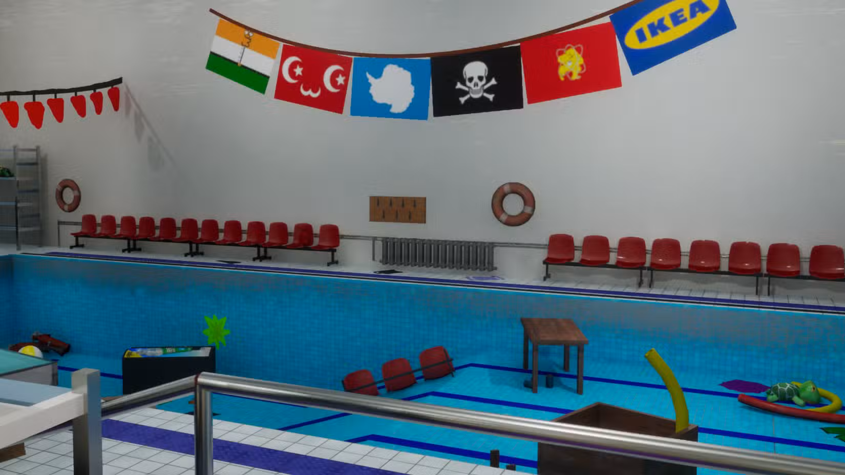 Um camaleão se esconde em vermelho ao redor do mapa de uma piscina em Meccha Chameleon.
