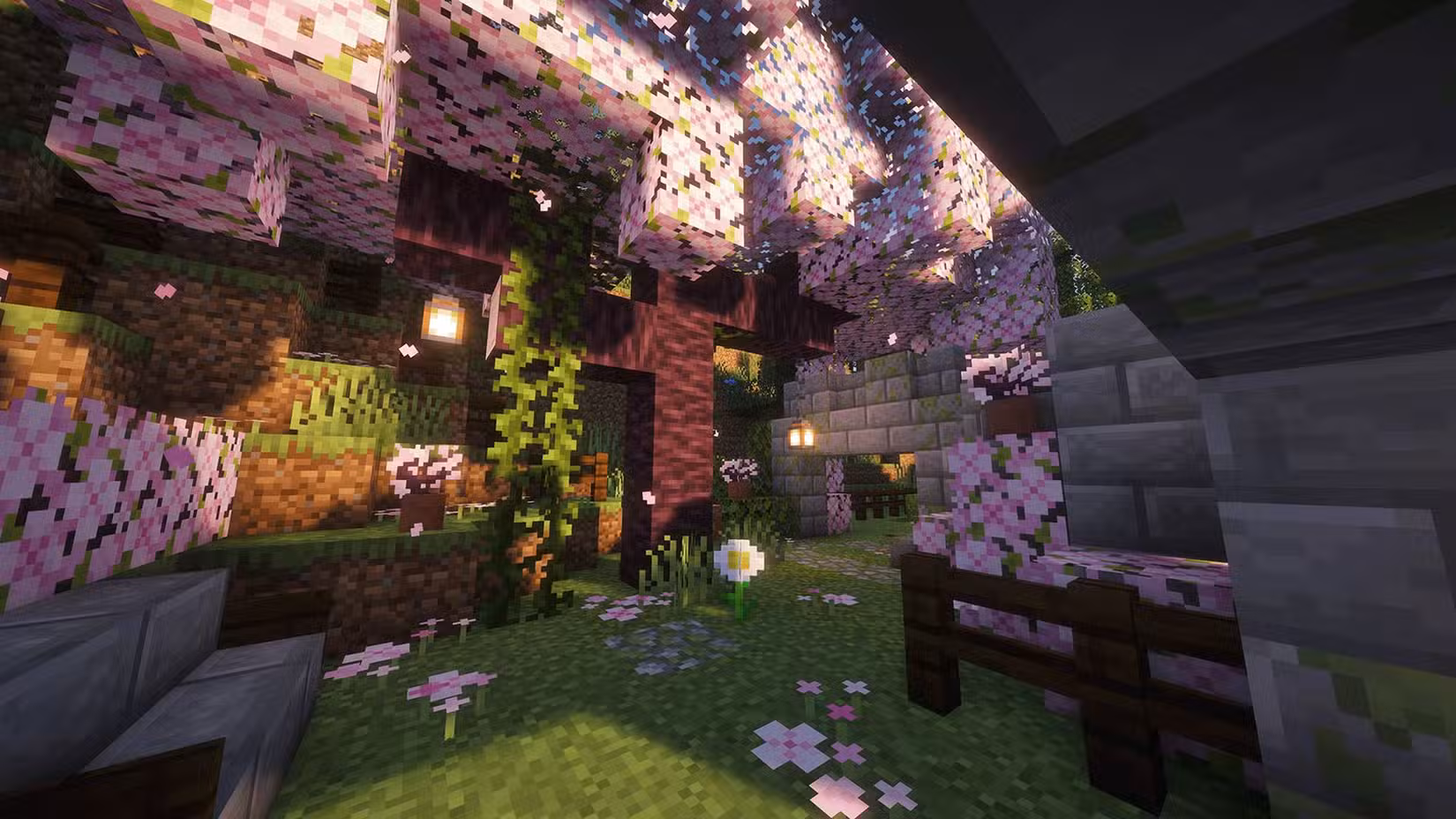Uma árvore de sakura em um mapa temático do Minecraft em Meccha Chameleon.