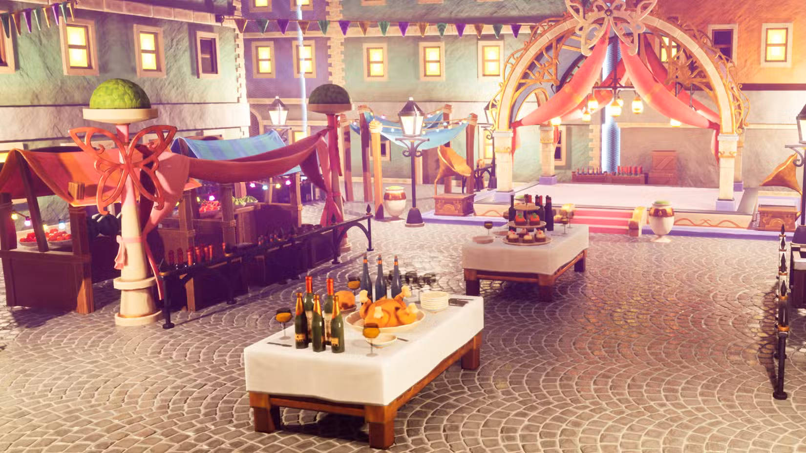Um mercado com comidas e bebidas espalhadas em frente a um palco com tema de borboletas no Meccha Chameleon.
