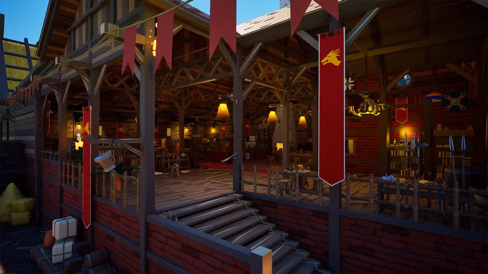 Uma taverna viking cheia de armas, bandeiras e garrafas em Meccha Chameleon.
