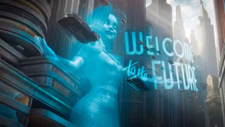 Uma mulher holográfica azul em uma cidade retrô futurista de Ray Gunn
