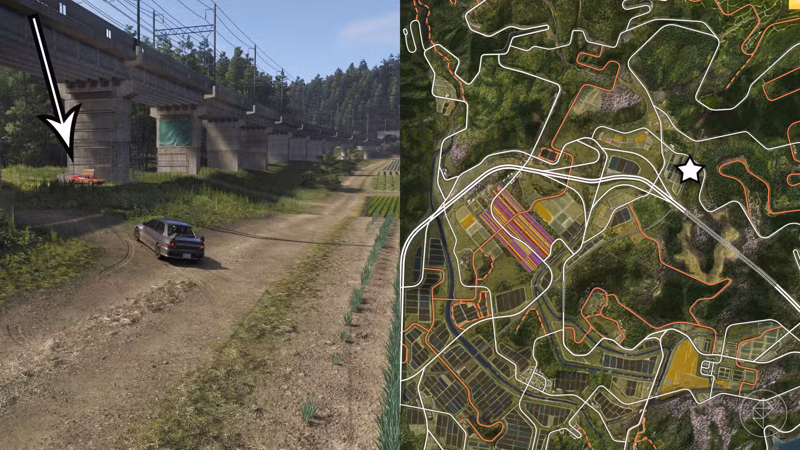 A localização do carro-tesouro BMW M1 marcado no mapa do Forza Horizon 6 com uma estrela.